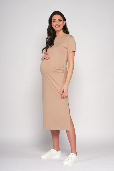 Beżowa dopasowana sukienka ciążowa